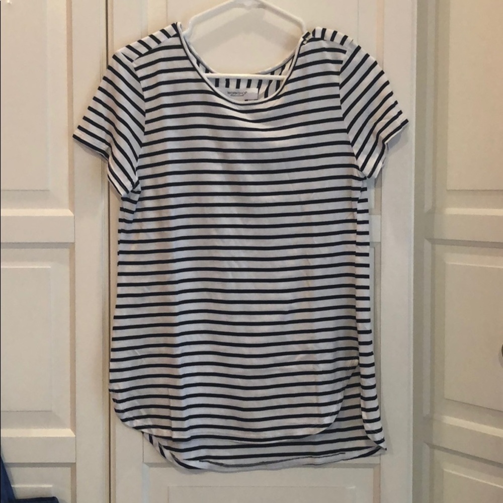 Workshop. Black and white striped tee.